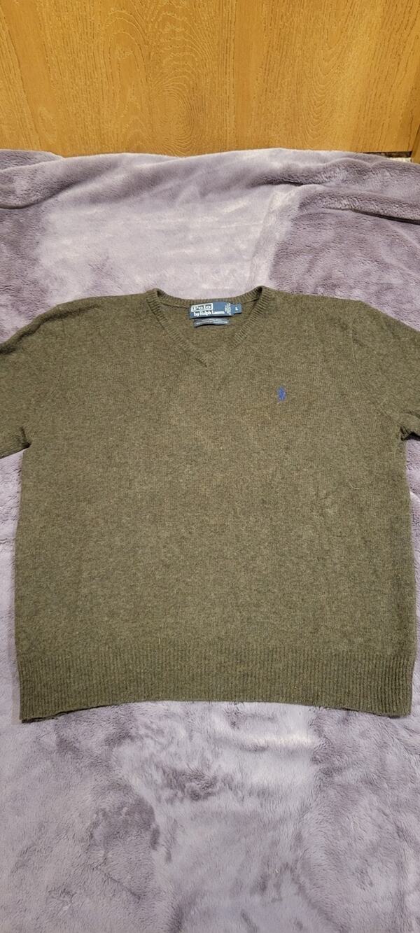Polo Ralph Lauren Sweater Mens Large 100% Lambs Wool V Neck Italian Yarn Green